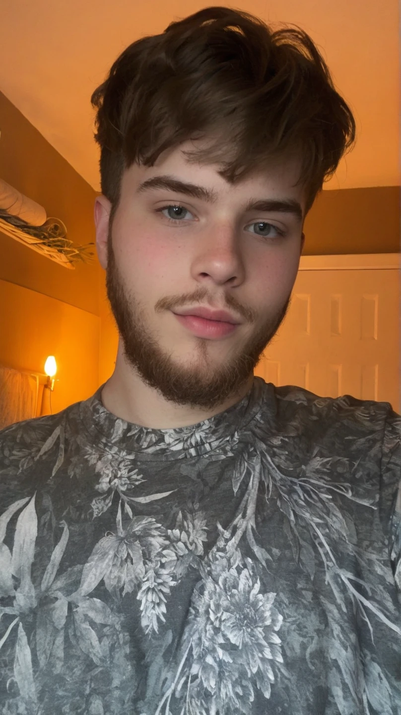 hyper realistic candid photo of a 24yo redneck male, average,  mosque, analog style, masterpiece, pubic hair, in love, short hair, slightly hairy chest, graphic college art T-shirt, selfie