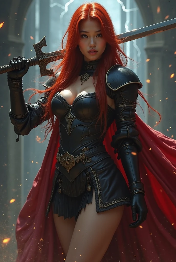 photorealistic image of a woman, ultrarealistic, photography, long red hair, woman, 24 years old, hourglass figure, perfect body, Flirty look, natural medium breasts, black metal armor, big red claymore sword on her back, walking out of the darkness into the light (Maia:1)