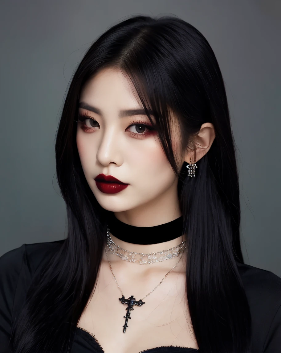 「in red background、A portrait of a young woman is depicted。She is wearing a black leather top、Sharp horns growing from its head。The eyes have red eyeshadow、She has a small black heart tattoo on her cheek.。He wears round glasses、It exudes a sexy and dark atmosphere.。Her hair is black、long、Straight。The overall look emphasizes the Gothic style.。」