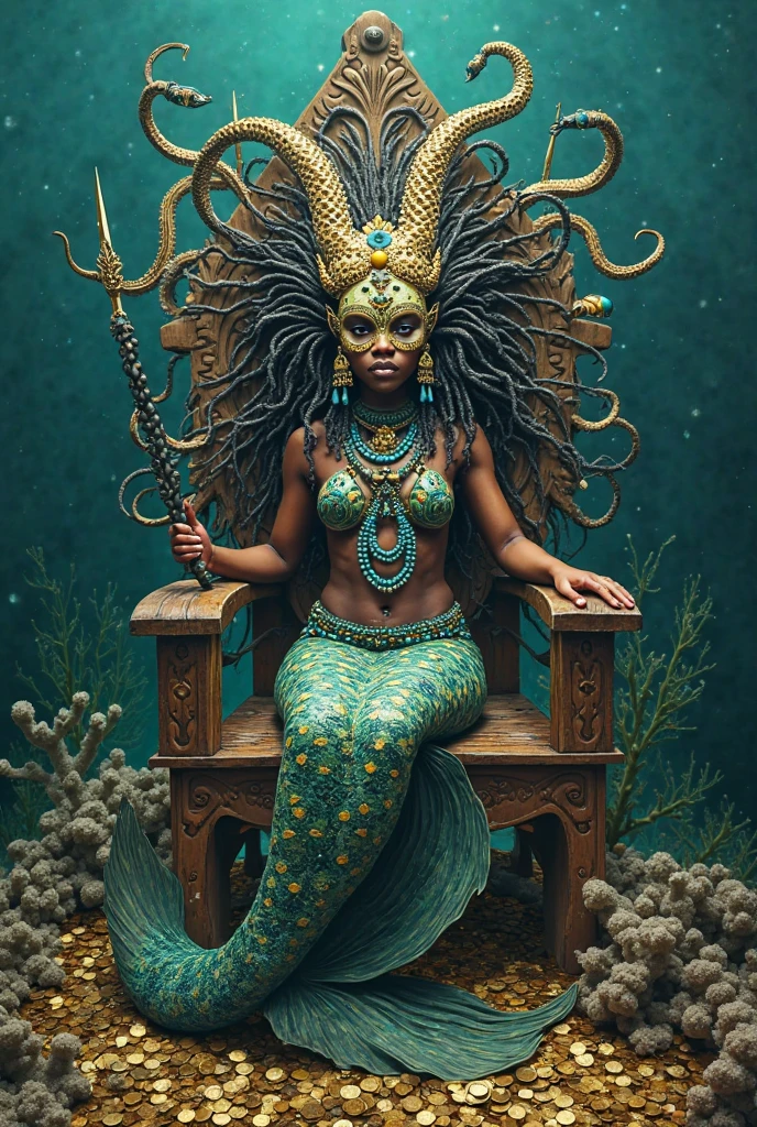 A closeup of a statue of a woman in a fish, Mami Wata, pele escura deusa feminina do amor, epic 3 d oshun, Snake woman hybrid, Deusa Polvo, epic 3 d yemaya, mulher cobra, kemetic, Goddess Venus, escultura feita de ouro, Deusa DMT, godess do mal, Deusa do Mar