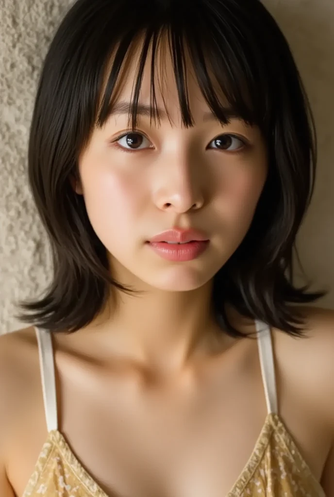 (( Best Quality )), ((masterpiece)), ( details),     Japanese,   first person view   ,one girl on her back,    Voluptuous women,   sexy,(  in the bedroom),(((   abnormally large breasts  , Completely naked, short bob hair))),  black hair with a young pattern  , ((       without makeup,  small eyes))