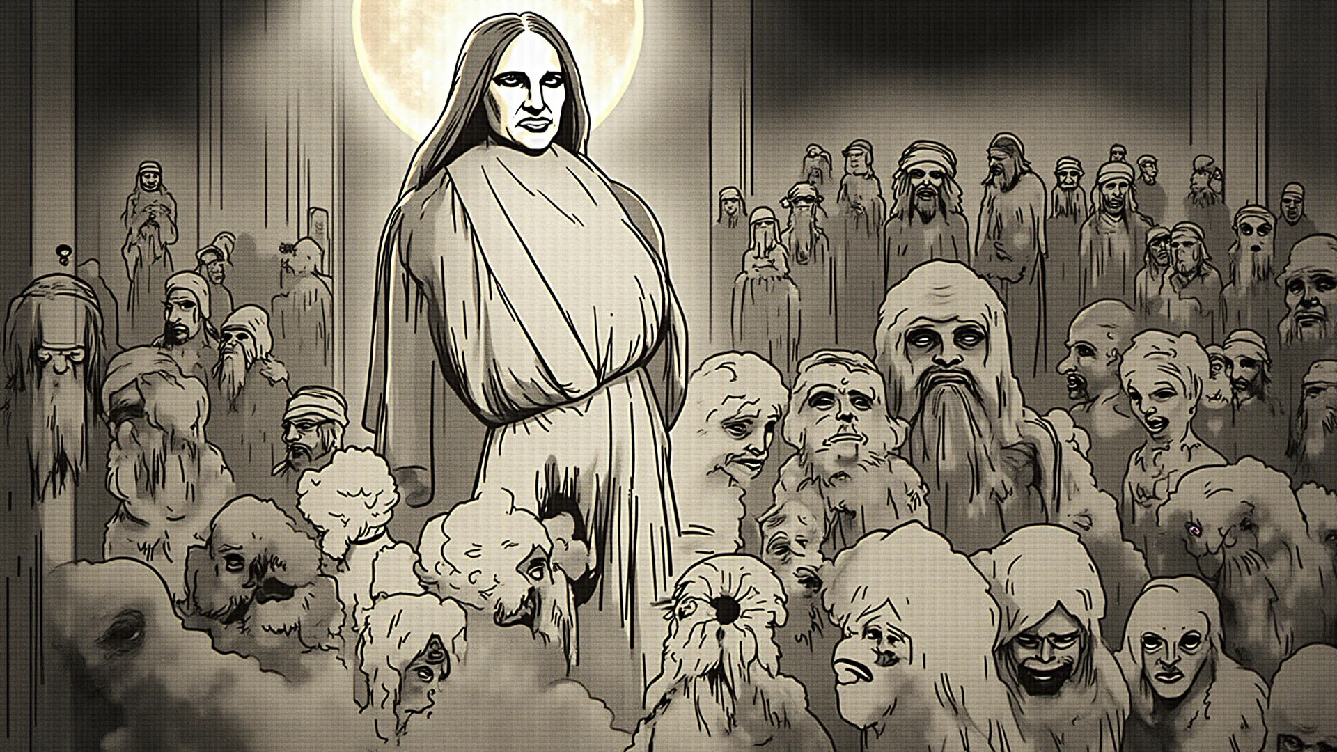 crowd,skunk, fur, saint, fat, group shot, skunk tail, black and white fur (pose:1.3), (soft shading), 4k, high resolution, ((detailed face, details)), upper body, white robe, lower body, loincloth, group shot, viewer's gaze, seeking, embarrassed face, 30+ girls, underwear, loincloth, female focus, thighs, water drops, armpits, big belly, thighs, upper body, loincloth, bulge, female loincloth, dirty, crowd, background, church, interior