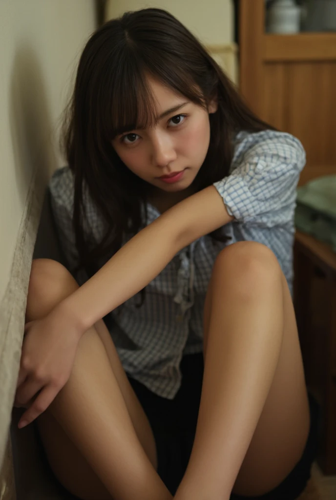 (realistic, photo-realistic:1.4),(best quality,masterpiece),RAW photo, high resolution, intricate details, finely detailed, incredibly detailed, extremely detailed, cinematic lighting, (full body, view from above, frontal photography:1.5), solo,1girl, a Japanese idol, (large breasts:1.2), lewd look, (lying on a floor, open legs:1.8), (very tall girl, smaller face, thin, slim, slender, thin legs), (white shirt, short sleeves, bowtie, plaid miniskirt, pleated skirt, bare legs, thighs, socks, loafers, school uniform:1.2), detailed face, beautiful detailed eyes, sophisticated nose, pale skin,
photo background, indoors,