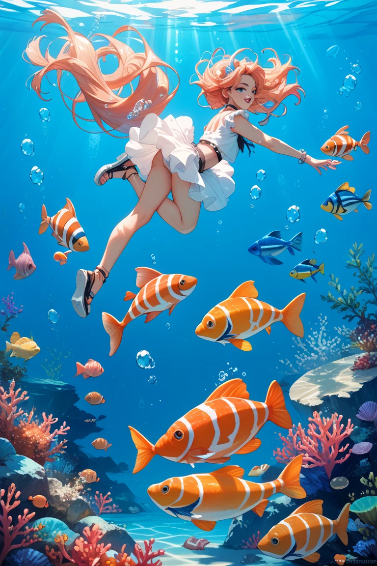 Masterpiece,Highest quality,16K,High resolution,high resolution,beautiful人魚,bikini,(Little:1.3),seabed,Coral Reef,Wide open scallop, Lots of colorful tropical fish, beautiful, Fantastic World