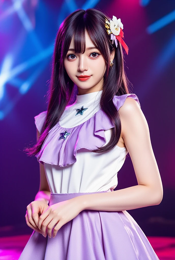 (1 Girl: 0.6) Ai Hoshino, girl with short hair and purple dress holding microphone, purple albedo, anime moe art style, (movie quality: 0.3), anime girl, singer, purple eyes, magical girl, zero sauce art, magical girl anime majo, white shirt, purple short hair, (stockings), (stars), (delicate facial features: 0.6), head decoration, (delicate hands: 0.9), white dress, (big eyes: 0.5), singing, smiling, stage lighting, standing, singing, high heels, (pattern decoration on head), normal head, (tall long legs: 0.8), (purple long hair: 0.5), (shawl scattered), (diamond shine: 0.9), sitting on stage, subtitles, (purple gloves: 1.6)