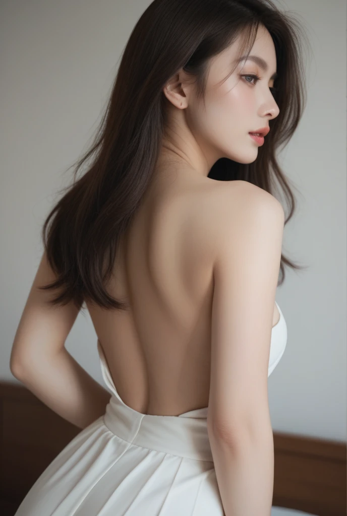 One 18-year-old Japanese woman、Japanese Idols、(backstyle:1.8)、highest quality, shape, Very detailed, finely, High resolution, 8k wallpaper, 完璧なダイナミックな構shape,Big and beautiful eyes,  Natural Lip, Random sexy poses,RAW Photos,Cute and symmetrical face、Cabaret Dresses、(Highly revealing:1.8)、Naked shoulders、Straight long hair、Long Bangs、Brown Hair、One girl、