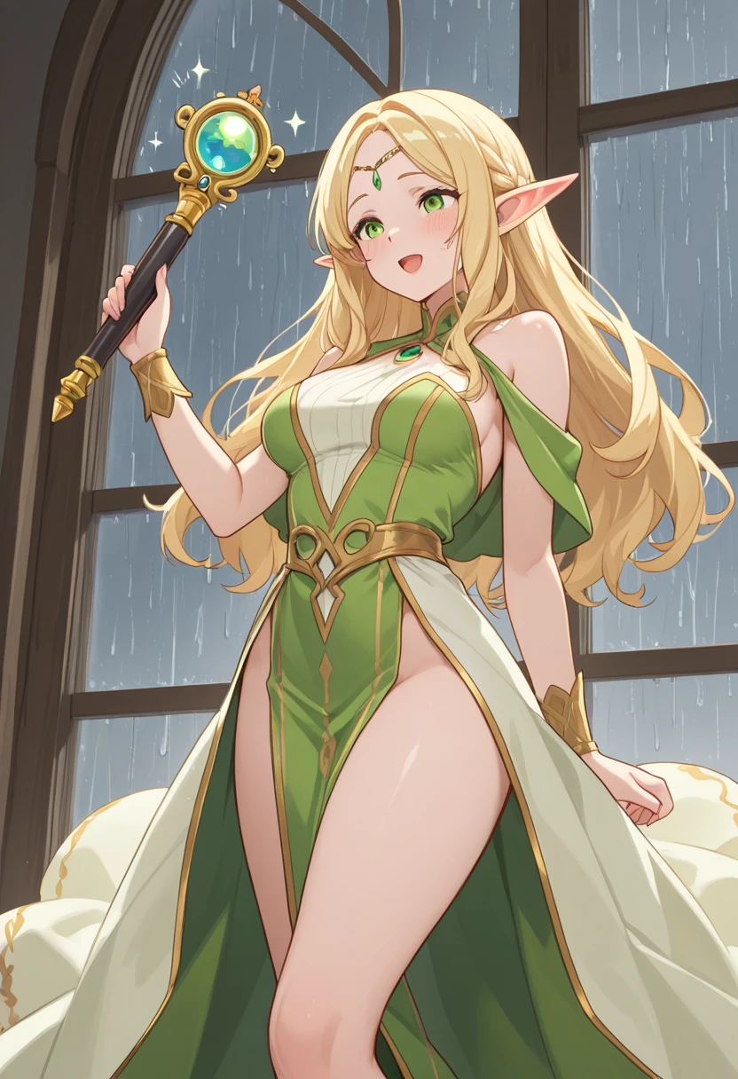 highly detailed skin, highly detailed face, (beautiful detailed eyes, the girl smiles, red cheeks), (One girl is standing), The girl is a cute 18 year old princess, ((no panties, Cute, thin pubic hair)), (Not wearing a bra, small breasts, cute nipples), ((white heeled sandals)), Princess Dresses, short skirt, flower hair ornament, blonde hair, Emerald eyes, Castle at night with fireflies dancing, ((Photographed from the front so that the girl's whole body is included)),