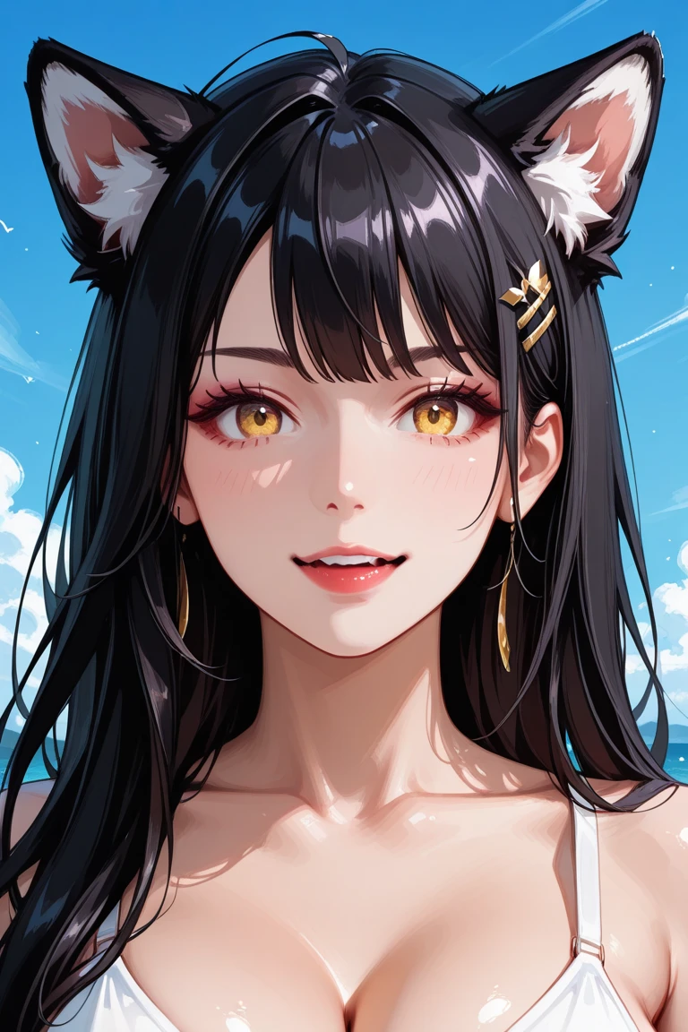 (Xiaorou SeeU, age 20, is an adorable sexy cat woman, big eyes, cute swimsuit, fluffy tail), she is surfing on small waves, super cute, so excited, show her from head to toe, hawaii