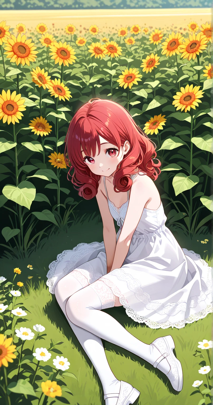 1female, Red Hair, White Sundress, Curly Hair, Brown Sandals, Casual Attire, Hazel Eyes, Smiling, Lean, Student, Young Female, Park, Sitting under a Tree