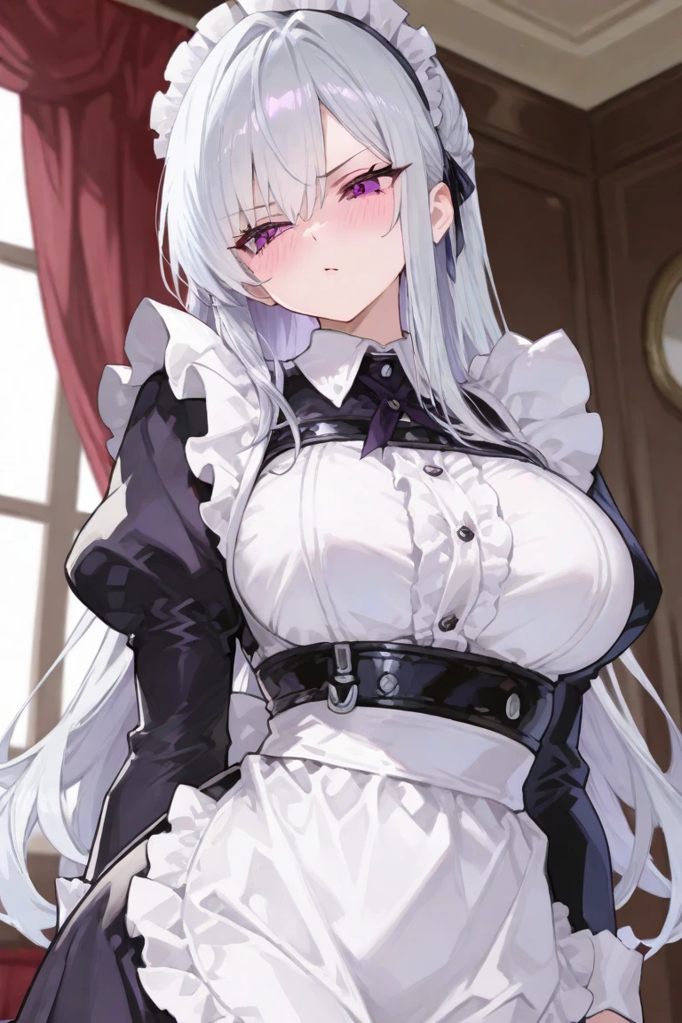 best qualtiy，tmasterpiece，The is very detailed，4K，Gray hair and shallow eyes，Drag cool expressions，Wolf ears，Erect scar on the left eye，British style，1girl，Absolutely beautiful, big bust, white costume, ear ribbon
