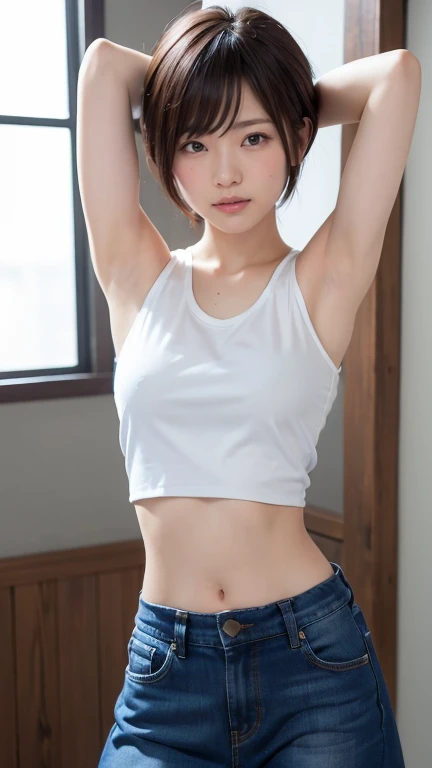 Highest quality、Ultra-high resolution、masterpiece、、Clear photos、(Very cute Japanese girl)、smile、(whole body)、(The cutest Erina Mano)、thin、Very short hair、(Low-rise denim shorts:1.6、Unbutton、Pull-down denim shorts:1.2)、(White panties are visible)、 (Wearing a white tank top)、Vivid depiction