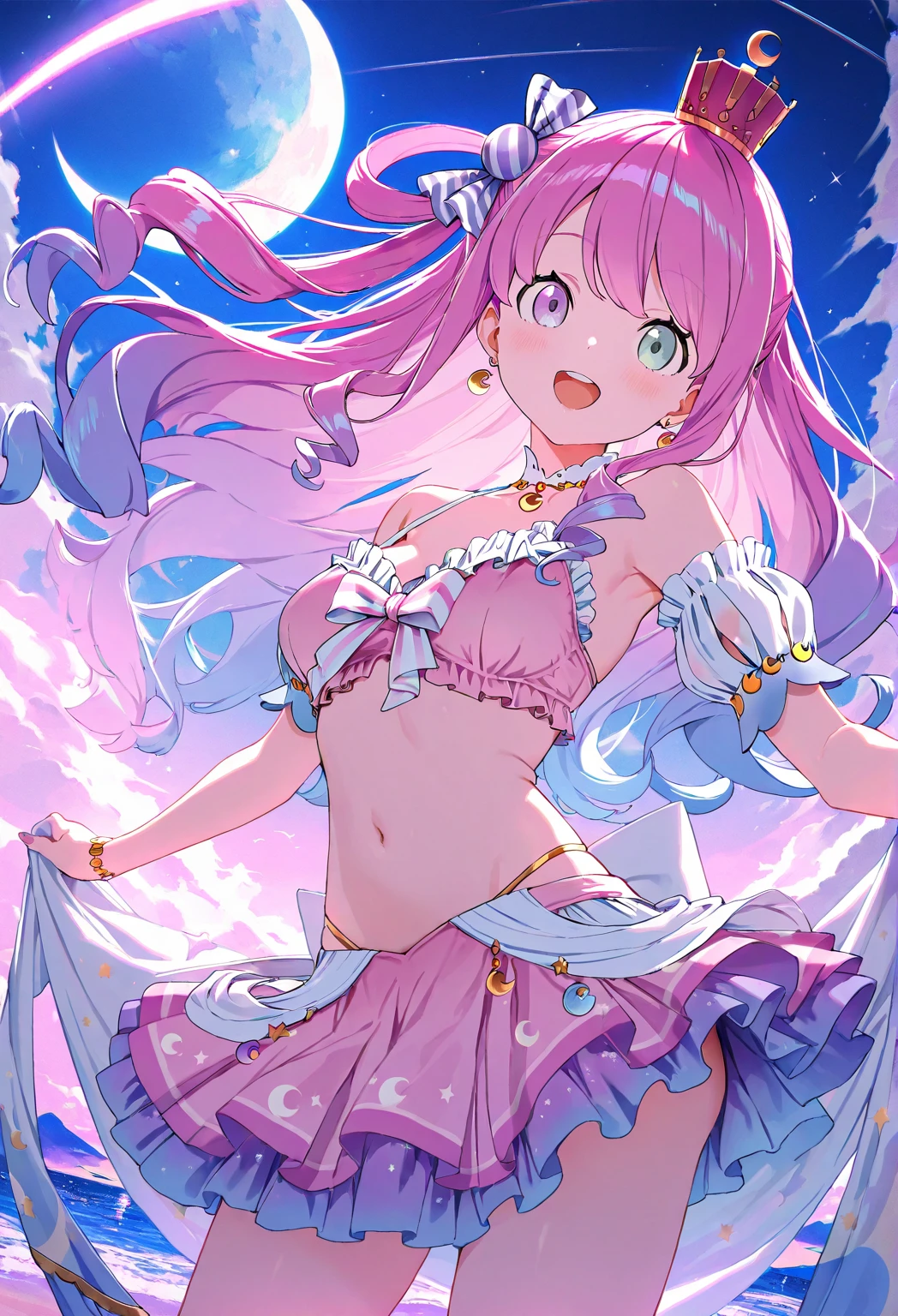 ((NSFW:1.1),masutepiece, (1girl in),Feeling as young as 、poneyTail、 Idol,Looks fun with a big smile, ((upper body closeup)), Big eyes, It seems that the eyes are shining、Kawaii Tech, kawaii, Cute, Pastel colors,Hair color is pastel、 (Best Quality), Happy,Deep background of Makoto Shinkai style, Symmetrical, Head Tilted,The composition should exude sensuality and innocence、An ultra-high picture quality、Dynamic Angle、Eyes are shining、Do not show teeth