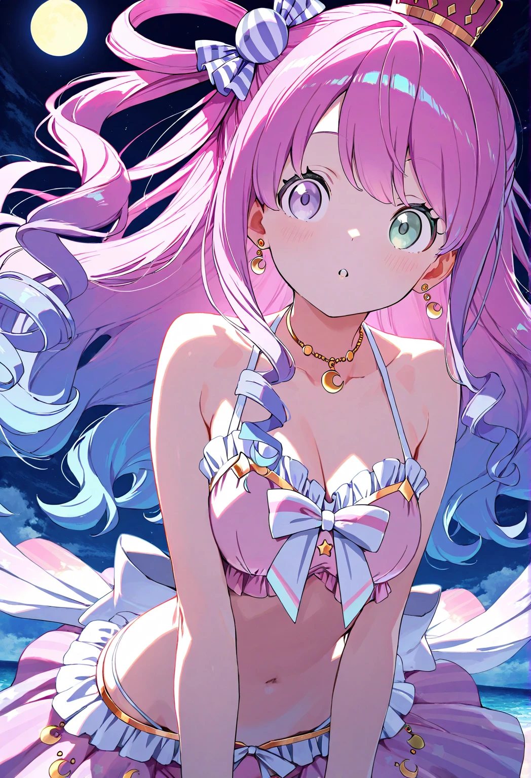Highest quality,City,Magical girl,small fry,The weakest,whole body,from the front,From above,Are standing,kind,beautiful girl,Pink Hair,Short Twin Tails,Baby Face,Round face,Red cheeks,Embarrassed face,Dark blue eyes,Big eyes,Droopy eyes,Round eyes,Parting eyes,Small Nose,Wide forehead,Large Breasts,Big Breasts,Magical girlドレス,No sleeve,Belly button,bikini,Shake it,Stuck,Transparent nipples,Pink mini skirt,Thin legs,Small Ass