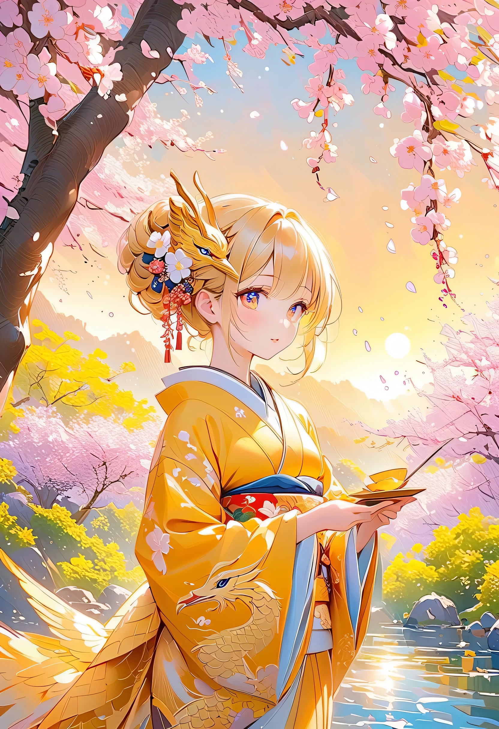 ((最高品質)), ((傑作)), ( 詳細), デジタルアート、A majestic fantasy scene in a golden spring landscape, painted in detailed acrylic style. A graceful East Asian goddess with porcelain-like fair skin, large expressive eyes, and luminous irises stands serenely. She wears an elaborate traditional Japanese kimono in shimmering gold, adorned with intricate floral patterns, embroidered cranes, and flowing sleeves. The kimono is elegant and modest, with rich textures and layered fabrics. Her hair is styled in a refined traditional updo with golden hair ornaments and delicate Kanzashi. Behind her, a magnificent golden dragon emerges from swirling golden mist, its form protective and divine. The background features soft golden cherry blossoms in full bloom, a gently flowing stream, and a warm golden sky, evoking both tranquility and opulence. The entire image glows with a sense of fortune, reverence, and timeless beauty — ideal for a luxurious 1000-piece jigsaw puzzle.