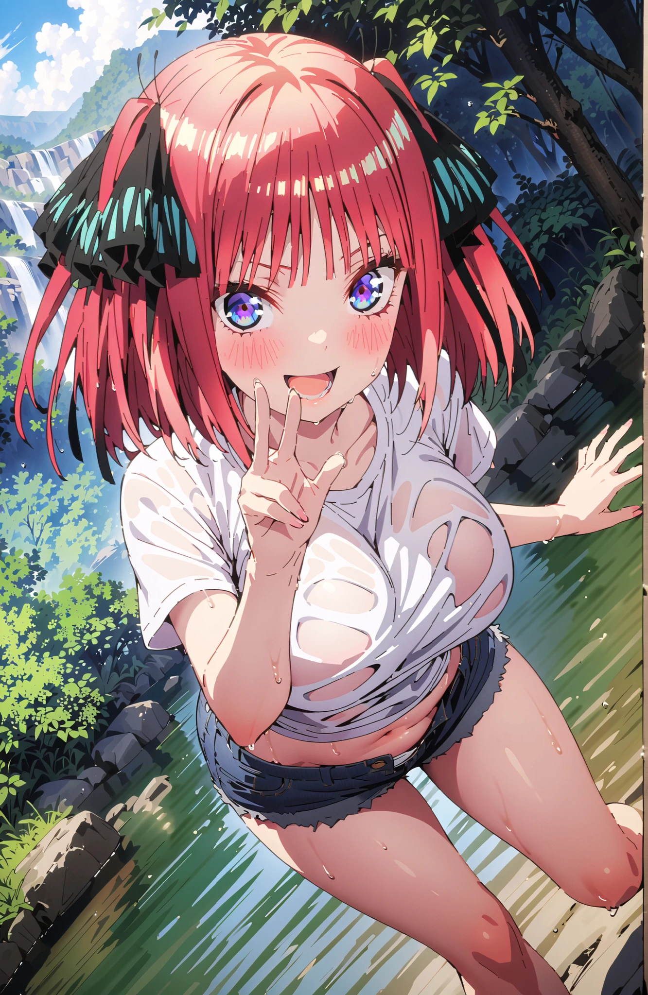 Nijino Nino , solo,short hair, bungs, blue eyes, hair ornament, hair bow, pink hair, blunt bungs, two side up, butterfly hair ornament,Big Breasts,smile,blush,opens his mouth,White T-shirt,see through,Tie the hem of a t-shirt,belly button out,denim micro shorts,Bare legs,Submersion,wet hair,wet clothes,wet skin,river遊び, playing in the water,Mountain,river,forest,standing,Glowing Skin,angle from below,full bodyがイラストに入るように,in their 40s looking at viewer,full body,
in their 40s outdoors,nature,
in their 40s (masterpiece:1.2), best quality, high resolution, Unity 8Kの壁紙, ( illustration :0.8), (beautiful detailed eyes:1.6), very detailed face, perfect lighting, very detailed CG, (perfect hand in h, perfect anatomy),