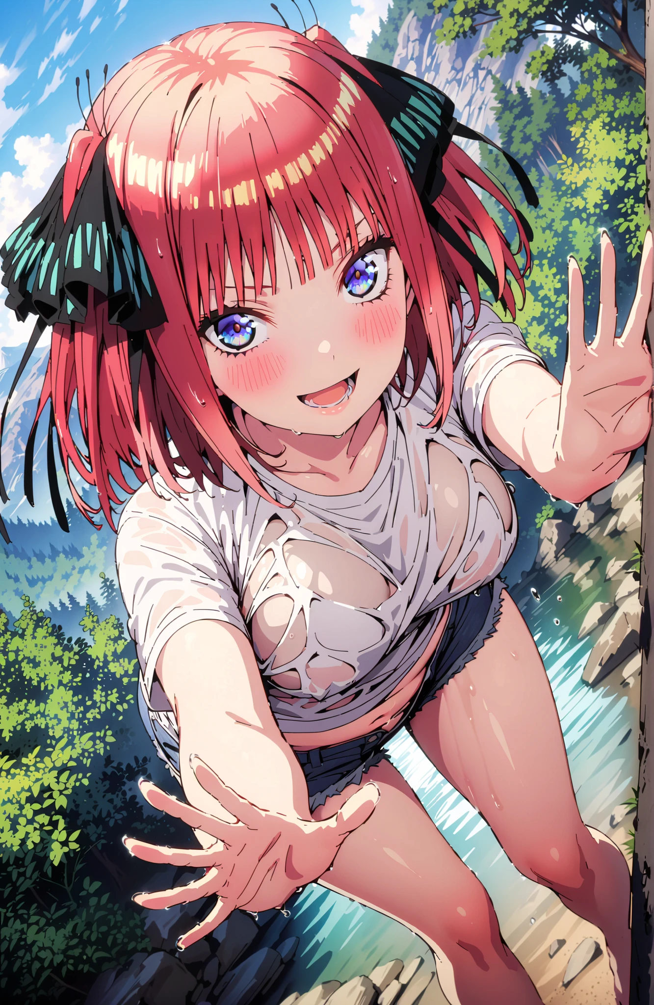 Nijino Nino , solo,short hair, bungs, blue eyes, hair ornament, hair bow, pink hair, blunt bungs, two side up, butterfly hair ornament,Big Breasts,smile,blush,opens his mouth,White T-shirt,see through,Tie the hem of a t-shirt,belly button out,denim micro shorts,Bare legs,Submersion,wet hair,wet clothes,wet skin,river遊び, playing in the water,Mountain,river,forest,standing,Glowing Skin,angle from below,I'm scooping up water with both hands,Water is being poured on viewers,full bodyがイラストに入るように,in their 40s looking at viewer,full body,
in their 40s outdoors,nature,
in their 40s (masterpiece:1.2), best quality, high resolution, Unity 8Kの壁紙, ( illustration :0.8), (beautiful detailed eyes:1.6), very detailed face, perfect lighting, very detailed CG, (perfect hand in h, perfect anatomy),