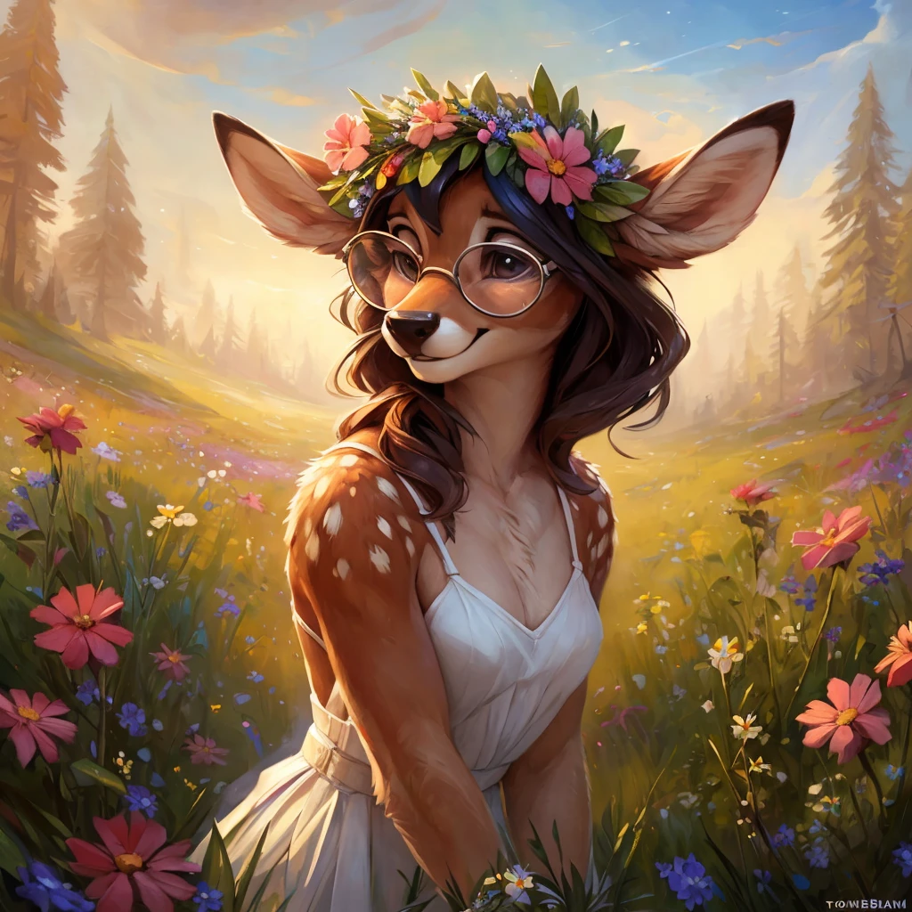uploaded on e621, watercolor look, by Pixelsketcher, by Bayard Wu, by Thomas Benjamin Kennington , by Einshelm, by hioshiru and kenket, Chunie, portrait, solo anthro female deer doe, with small featureless breasts, clear dark blue, cinematic lighting, day, sunny day, lavender field, stays in a wildflowers field, wildflowers field background, mediterranean background, horizon background, shiny, short curly dark brown hair, wearing big black nerd glasses, very very beautiful furry art, furry art, smiling, joyful, shiny, happy, feminine, cute face, muzzle, fluffy chest, flawless face, Fallow deer, 1girl, Sakimichan is beautiful, Masterpiece, Wavethesallow Face, shiny, Detailed image, portrait, Detailed image, portrait, full body, wearing pure white short spaghetti straps dress, wearing a wildflowers wreath, shiny, realistic face, perfect anatomy, hourglass body, (furry body:1.1), anthropomorphic deer, looks at the viewer, small fluffy tail, detailed background, (cute anatomy:1.1), stands in a wildflowers field