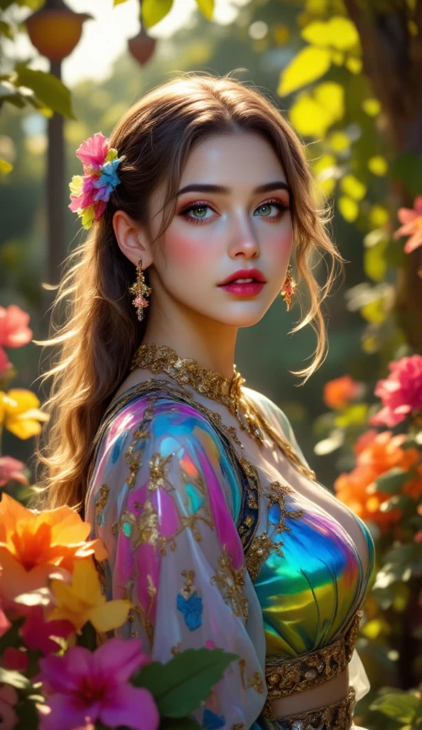 a beautiful peacock goddess, close up, surrounded by flowers, small breast, small tights, in a floral garden, long wind blown hair, feather shiny beautiful dress, soft face, full lips, soft light, sunlight background, arch of flowers, garden background, magical scenery, best quality