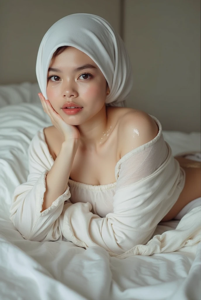 NSFW (masterpiece, top quality, best quality, extreme detailed, colorful, highest detailed, Dreamy Atmosphere, Bright color, real photo, real skin. Hyper realistic, 1girl, Malaysia young girl, ((wearing hijab)), fair skin looking sharp to the viewer, detailed skin, city street background, slender body, lie down above view on a hotel's bed, ((showing vagina)) ((spreading legs, M-legs position:1.5)), ((showing vagina)). morning time, small breasts. She's wearing a silky night mini dress, silky, slightly lacy, freely pose, soft front studio lighting, whole body