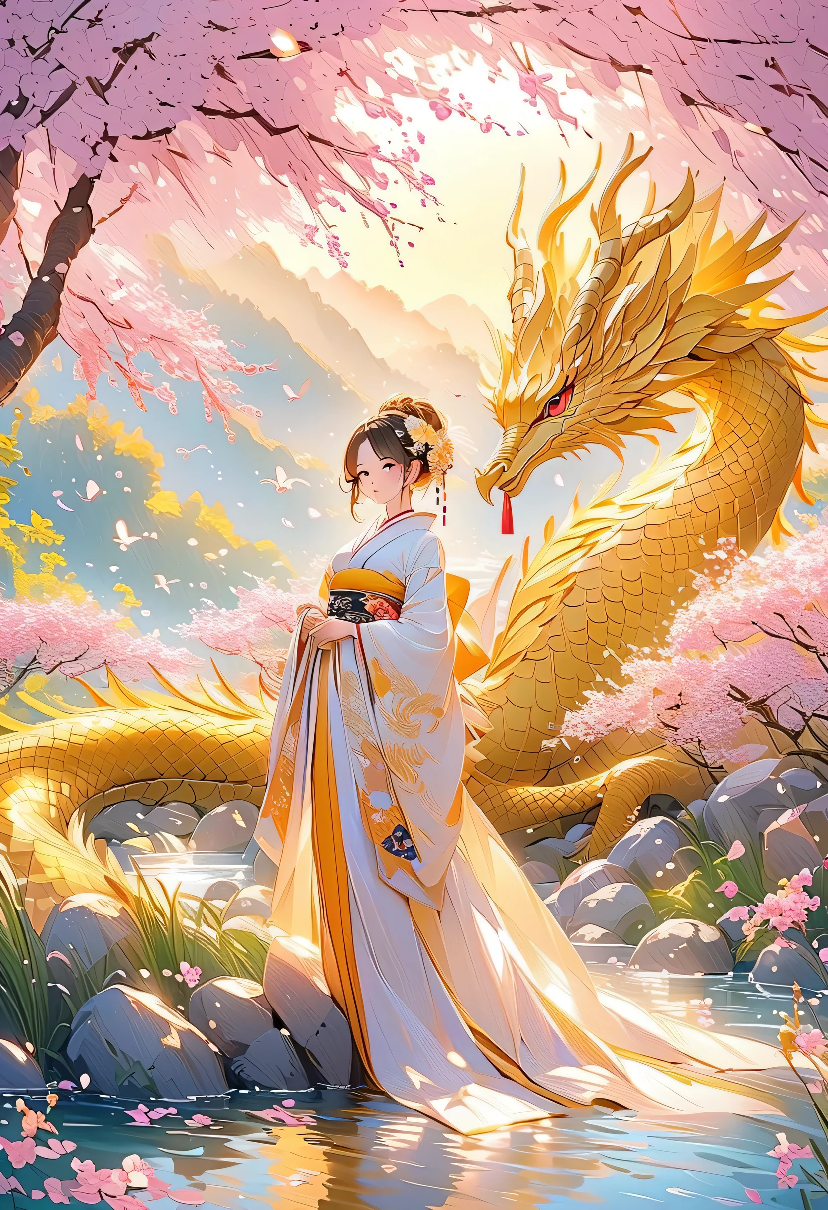 ((最高品質)), ((傑作)), ( 詳細), デジタルアート、A majestic fantasy scene in a golden spring landscape, painted in detailed acrylic style. A graceful East Asian goddess with porcelain-like fair skin, large expressive eyes, and luminous irises stands serenely. She wears an elaborate traditional Japanese kimono in shimmering gold, adorned with intricate floral patterns, embroidered cranes, and flowing sleeves. The kimono is elegant and modest, with rich textures and layered fabrics. Her hair is styled in a refined traditional updo with golden hair ornaments and delicate Kanzashi. Behind her, a magnificent golden dragon emerges from swirling golden mist, its form protective and divine. The background features soft golden cherry blossoms in full bloom, a gently flowing stream, and a warm golden sky, evoking both tranquility and opulence. The entire image glows with a sense of fortune, reverence, and timeless beauty — ideal for a luxurious 1000-piece jigsaw puzzle.