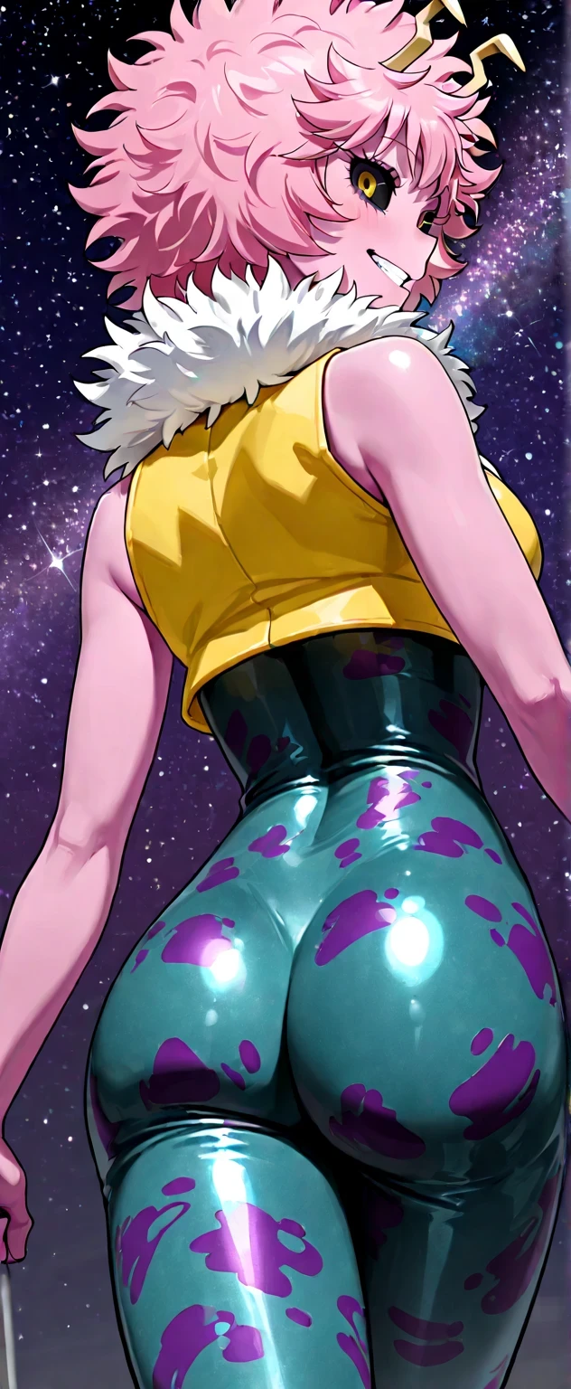 ((mina ashido)), ((masterpiece)), ((high resolution)), ((solo portrait)), ((back view)), ((low angle)), {(attractive figure), (medium breasts), (beautiful legs), (pink skin), (yellow horns), (short hair), (yellow eyes), (black sclera), (long eyelashes), (cute grin)}, {(hero costume), (shoulderless blue bodysuit with purple pattern), (yellow sleeveless vest with fluffy collar)}, {(walking), (looking back at viewer)}, ((starry sky)),