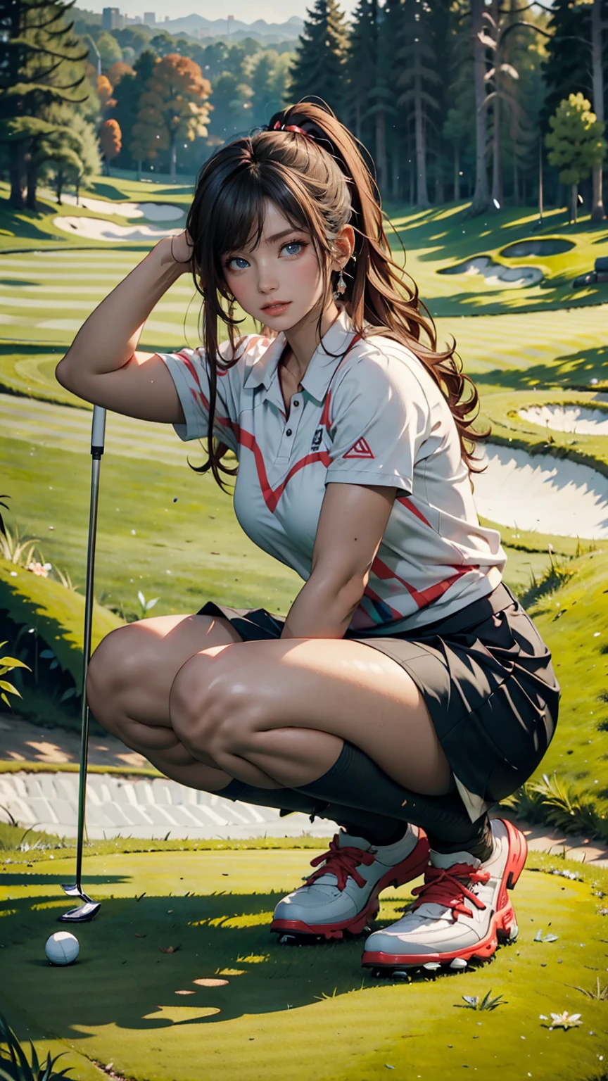 Beautiful Japanese woman in golf wear, Real person, Detailed body, squat, Live Action, Skirt flip, Being on the green at a golf course、Putter Shot、Reading the Turf
