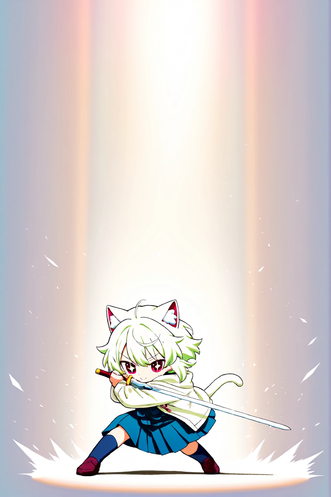 best quality, masterpiece, Anime Style, Please draw an anime-style mascot character。A fluffy white cat、Round body、with an energetic and innocent personality。 palm-sized 、it feels like you can sit on a human shoulder。the background is sparkling with a pink gradation、 battle pose holding a sword with both hands,,full body, action scene