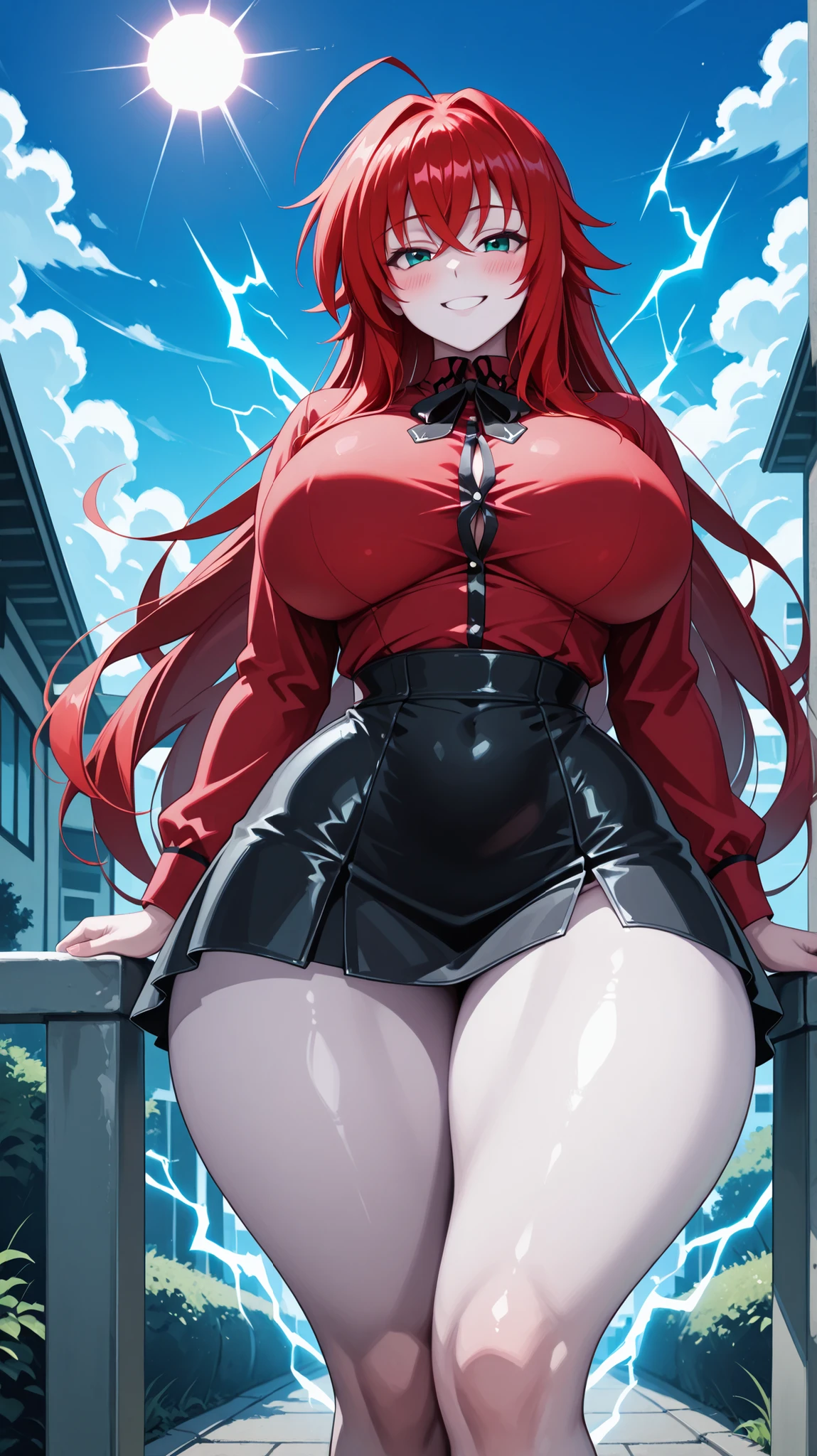 Venus body, a girl, lonely, big breasts, hips, wide hips, thick thighs, high thighs, smile, blunt, blush, ,,,,,,,,,,,,,, pale skin, blush, big breasts, curvy, groin, transparent, kinky face, big thighs, strong breasts,,,,,,,,,,,,Venus body, a girl, lonely, big breasts, hips, wide hips, thick thighs, high thighs, blush, big breasts, big thighs,,,,,,,,,(outdoors, sky, clouds, sun, looking at viewer, arrogant smile, absurdity, energy, aura, electricity,, ,, ,, ,, ,, ,, ,, ,, Rias Gremory, red shirt, black skirt