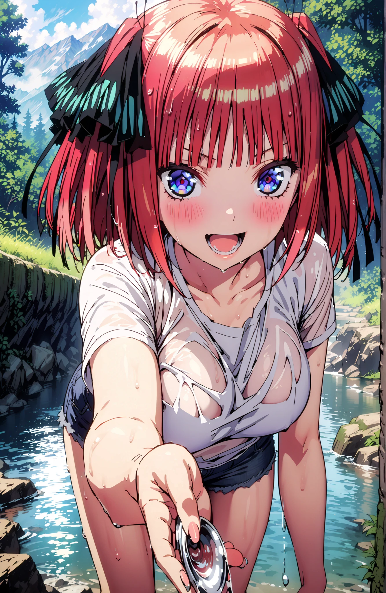 Nijino Nino , solo,short hair, bungs, blue eyes, hair ornament, hair bow, pink hair, blunt bungs, two side up, butterfly hair ornament,Big Breasts,smile,blush,opens his mouth,White T-shirt,see through,Tie the hem of a t-shirt,belly button out,denim micro shorts,Bare legs,Submersion,wet hair,wet clothes,wet skin,river遊び, playing in the water,Mountain,river,forest,standing,Glowing Skin,angle from below,I'm scooping up water with both hands,Water is being poured on viewers, water splashes ,full bodyがイラストに入るように,in their 40s looking at viewer,full body,
in their 40s outdoors,nature,
in their 40s (masterpiece:1.2), best quality, high resolution, Unity 8Kの壁紙, ( illustration :0.8), (beautiful detailed eyes:1.6), very detailed face, perfect lighting, very detailed CG, (perfect hand in h, perfect anatomy),
