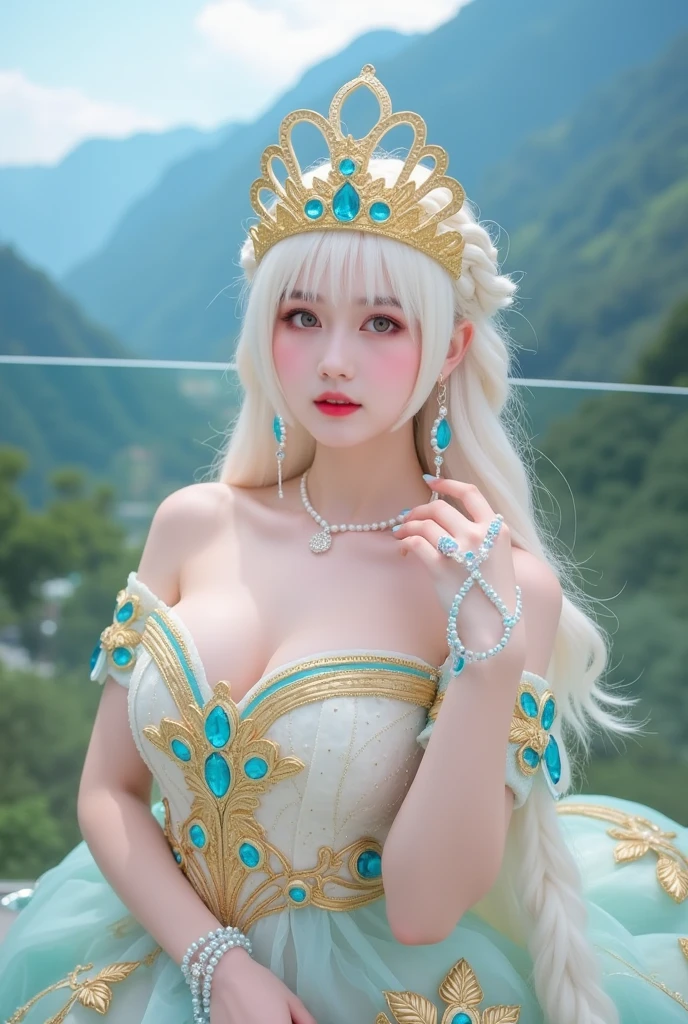 (heavy breasts)、top-quality、masterpiece、超A high resolution、(Silver Dragon Armor)、(((Colossal tits))),dragon armor、(((large floral ornament on the head))),(((Detailed Micro Bikini))),(Wearing a beautiful crown made of jewels),(Photorealsitic:1.4)、Raw photo、女の子1人、(((Random hair))、(((Take different poses)))、glowy skin、(((White Chinese Dragon)))、Intricate and ornate hair ornaments、(Gorgeous Jewelry Necklaces)、(Mystical expression)、(Full Body Angle)、(Fight big dragons)、(Metal bikini)、((beautiful lake background)),(beautiful forest background)、Precipitous cliffs、(Castle background)、((super realistic details))、portlate、globalillumination、(sexypose)、Shadow、octan render、8K、ultrasharp、Colossal tits、Raw skin is exposed in cleavage、metals、Details of complex ornaments、Japan details、highly intricate detail、Blue eyes、radiant eyes、Facing the camera、Toostock、(Full Body Angle)、(veils)、(((Heavy Big))),((she is wearing a beautiful jeweled bangle.)),