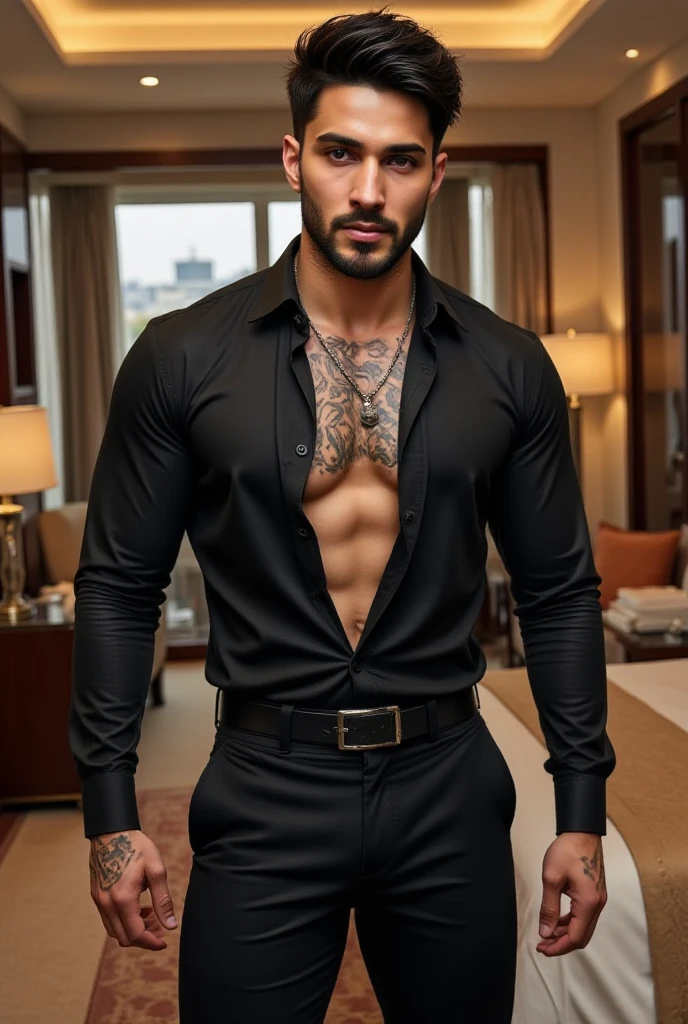 Foto real beleza masculina moda roupa preta moderna glamour luxo show alta costura homen latino atletico pedrarias brilho 