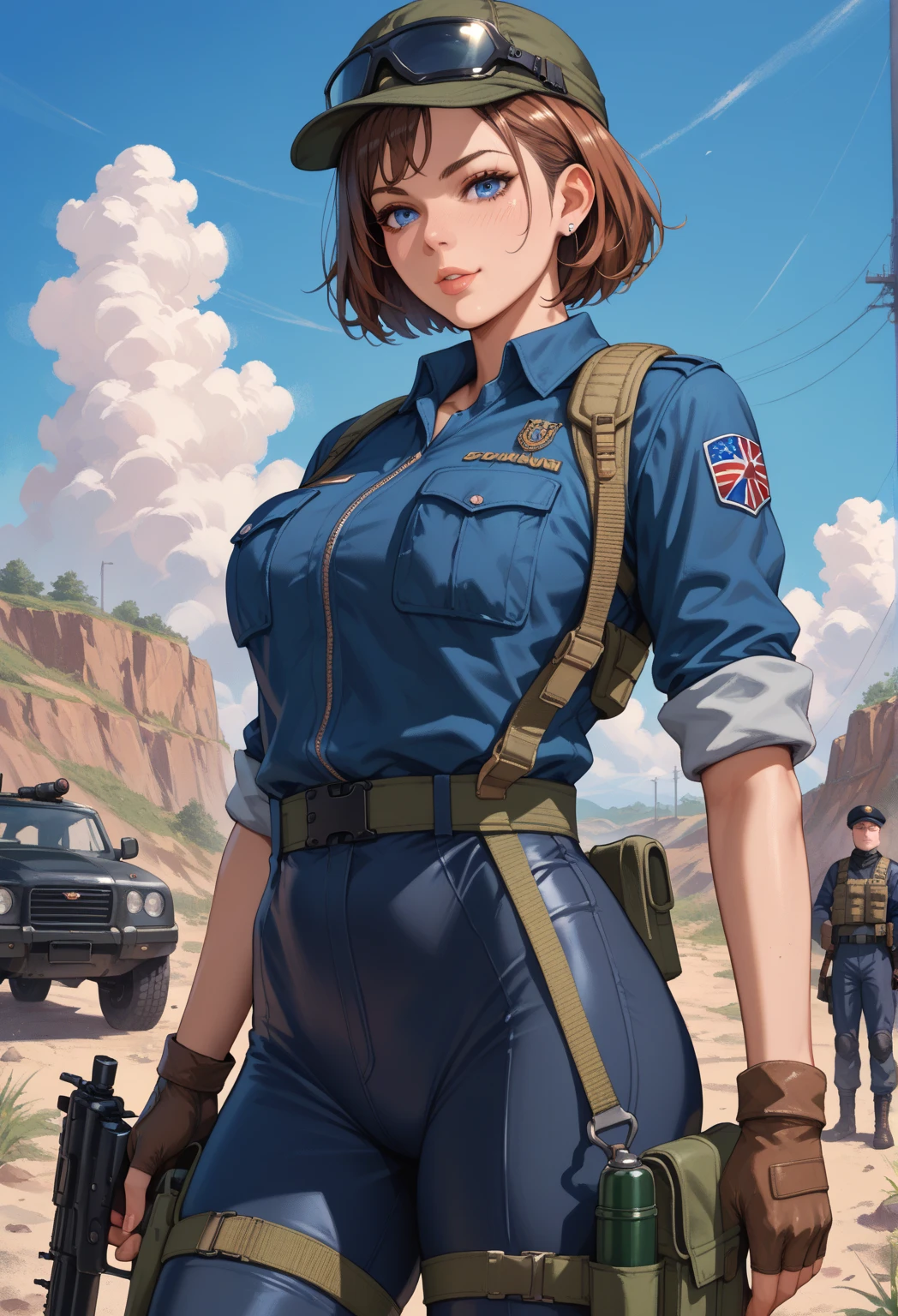 a sfw beautiful S034_IrineMeier with her half yellow and blue ukranian flag in a military outfit (painted face:1.1) <lora:ukranianStandardV1:1> in ruins of war <lora:ukrainelorav1:0.4>