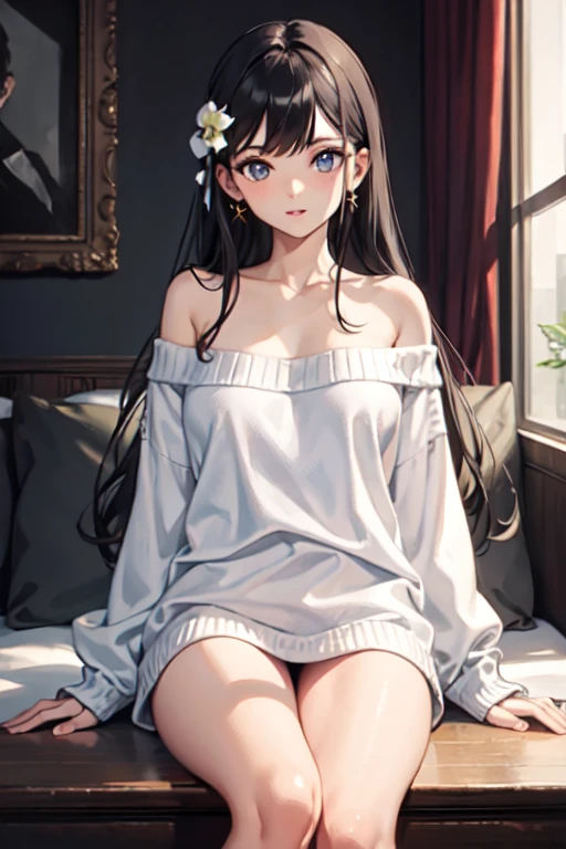 full body of a girl, in a night dress, perfect body, sitting on a couch, perfect body
