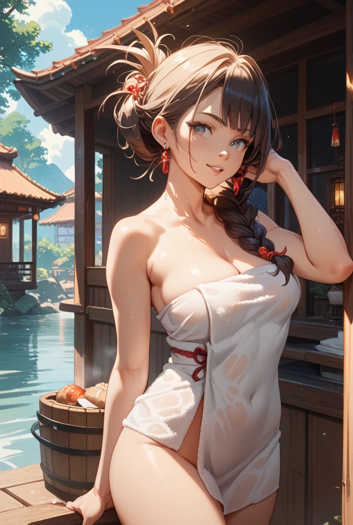 masutepiece, Fine detail, 4K, 8K, 12K, Solo, 1 person, Beautiful Girl, caucasian female, Borei Reimu, Naked, Towel wrapped around the body, Taking a bath, mideum breasts、Braless