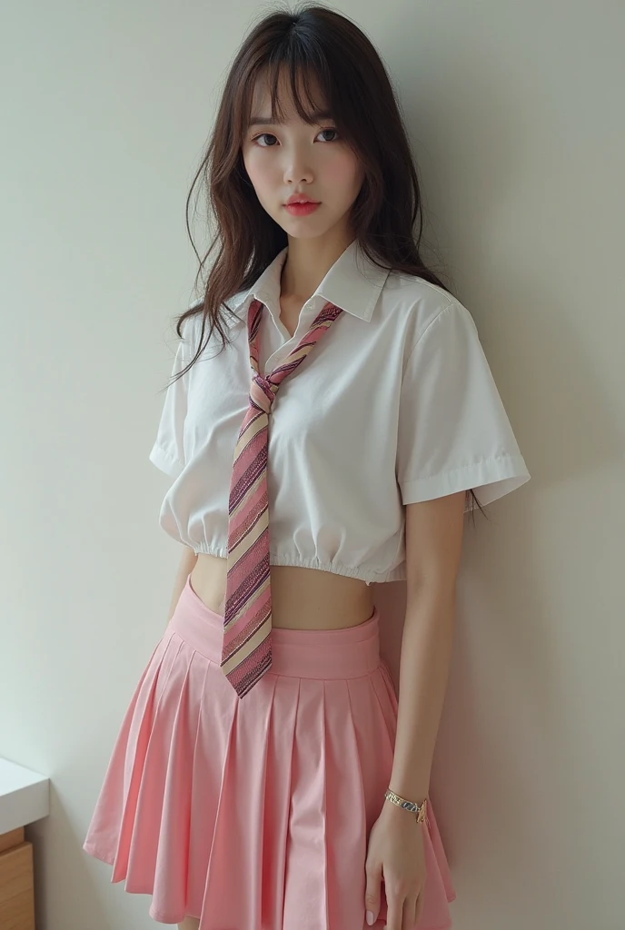 a young girl, (realistic,photo realistic:1.37), ( hip-length nurse uniform),(fishnet stockings) ,( big breasts),(Nurse Cap),( smile),(Looking at the camera),Hospital room decorated with spooky Halloween decorations, illustrations, high quality, ultra-detailed, dark atmosphere, vivid colors, intense lighting, eerie shadows, haunted ambiance, flickering lights, foggy corridors, scary props, cobwebs, creepy dolls, medical equipment, eerie nurse's station, glowing red eyes, hauntingly beautiful, provocative pose, professional photography, mix4,Hair is long and beautiful、inner colored、Hair should be tied back, stand,(open legs)