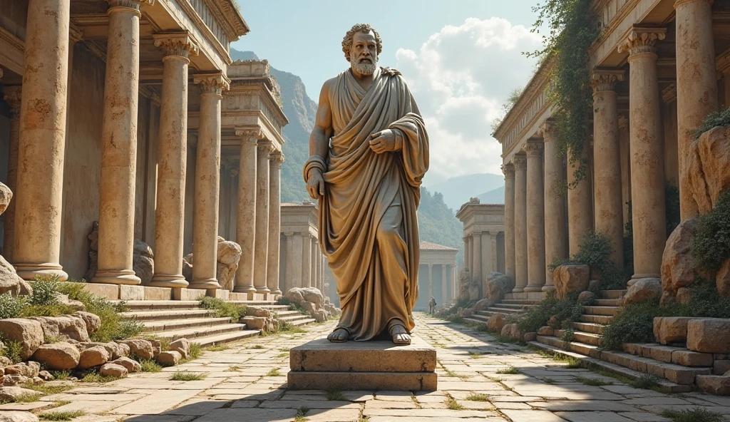 Prompt for Stoic Statue Image Series: "A series of monumental statues of Stoic philosophers, each positioned in emblematic locations of an ancient Roman city. A statue of Marcus Aurelius in a contemplative pose, with one hand raised in a teaching gesture, in front of a majestic temple; another from Seneca, sitting on a sturdy chair, holding an open scroll, in a serene garden surrounded by columns and cypress trees; a third from Epictetus, with an expression of resolute calm, holding a BASTAN, located in the center of a public square, where citizens gather around her to seek wisdom. The statues, made of time-worn white marble, display rich details that capture the serenity, the inner power and resilience characteristic of stoicism. The scenery around each statue is bathed in a soft dawn or dusk light., creating an atmosphere of tranquility and reflection. Each image conveys a message of inner strength, eternal wisdom and the dignity that comes from the serene acceptance of fate."