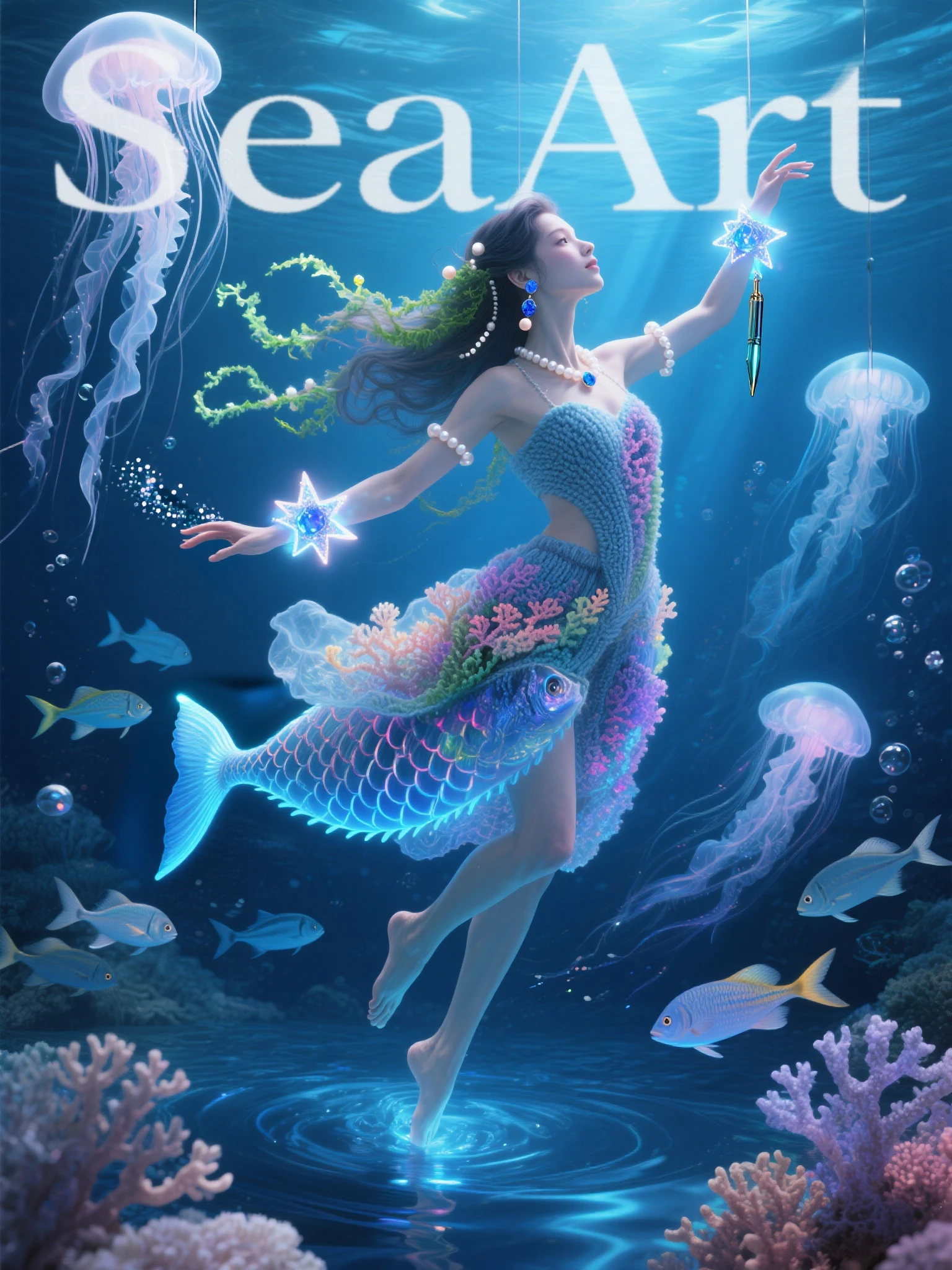 Create an awe-inspiring oil painting that captures the enchanting beauty of a Japanese mermaid gracefully gliding through the depths of the ocean. Using bold and expressive brushstrokes, convey the fluidity and movement of the water as it swirls around the mermaid's ethereal form.

Imagine a scene where the mermaid emerges from the depths, her long, flowing hair cascading like seaweed around her luminous figure. Her eyes shimmer with wisdom and mystery as she gazes into the distance, beckoning viewers into the enchanting world beneath the waves.

With masterful strokes of the brush, depict the intricate details of the mermaid's scales, shimmering with iridescent hues of blue and green. Let the play of light and shadow dance across the canvas, evoking the ever-changing currents of the ocean depths.

In the background, paint a panorama of coral reefs, swaying sea plants, and exotic marine life, creating a vibrant tapestry of color and movement that surrounds the mermaid in her watery domain.

As viewers gaze upon the painting, they are transported into a world of magic and wonder, where the boundary between reality and myth fades away. "Song of the Deep" is not merely a painting—it is a mesmerizing symphony of color, texture, and emotion that celebrates the timeless allure of the sea and the mysterious beauty of the Japanese mermaid.