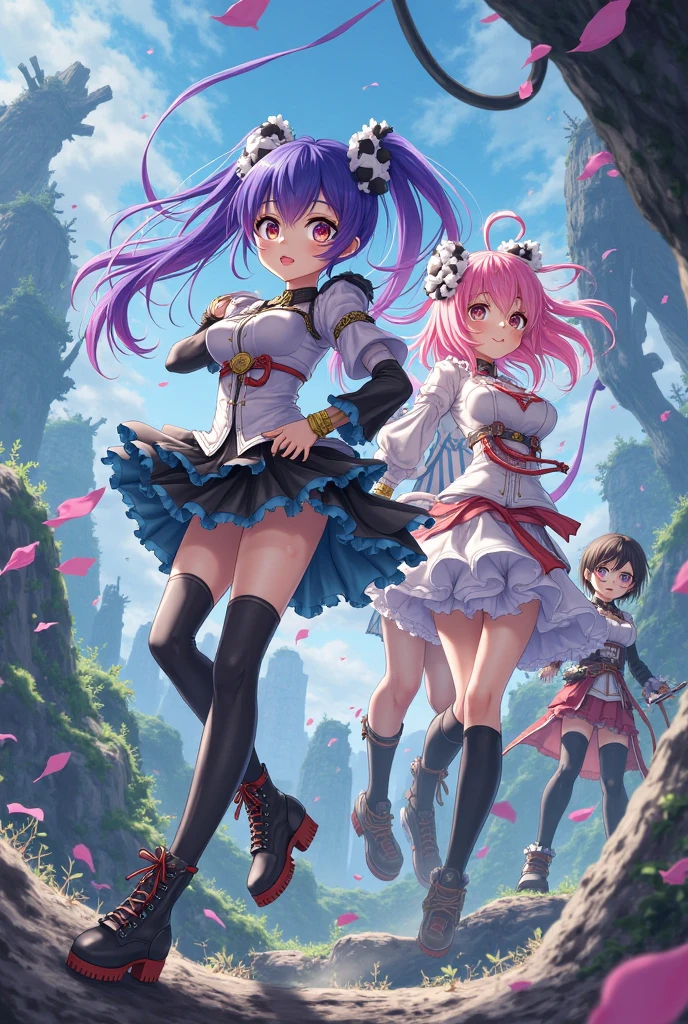 multiple girls, giantess art, highly detailed giantess shots, giantess, most detailed, perfect face, Two legs, Five fingers, short hair, A beautiful girl who is bigger than a skyscraper, Wearing rimless glasses, smile, huge breasts, blue base magical girl dress, bow, magical girl, holding a magical wand, black pantyhose, blue stiletto heels, thunderbolt from a magical wand, Destroying cities, Under heavy attack, A very small big city, Miniature metropolis, Full body description, GTS, giga giantess, stomping city, crash city, tiny city, micro city, pantyhose feet, High resolution, highest quality, masterpiece,