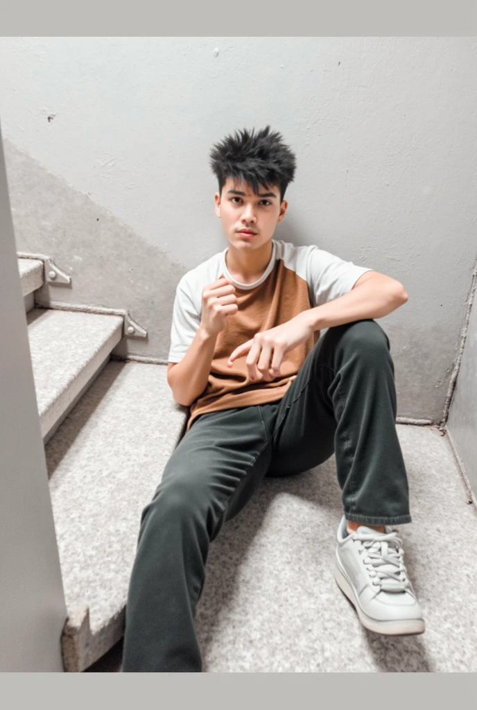 Depression boy/still smiling/white t shirt/black long pant /white shoes/