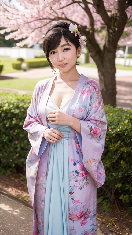 big breasts、High level image quality、high quality、High resolution、detailed、masterpiece、mature woman、big smile、Pure Japanese hairstyle、light brown hair、random hairstyles、perfect puo potion、Kimono style costume、Decorated sheer bra and thong、choker、Kimono style garter belt、Kimono with a lot of exposure、thighs are exposed、The background is a luxury inn