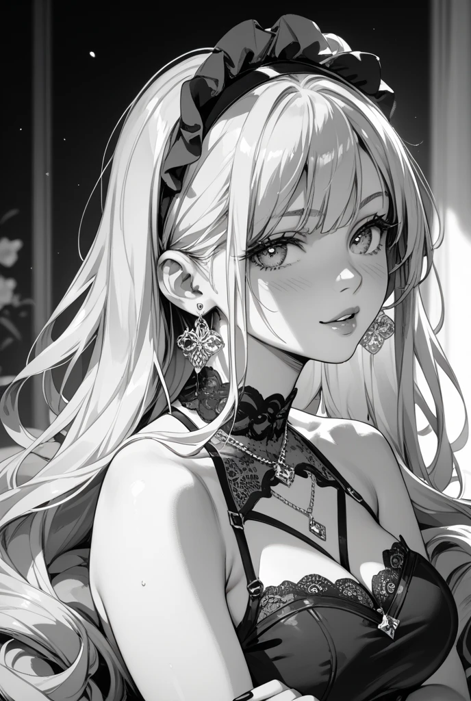Highest quality, (Background details), High Contrast, Great beauty, Detailed original illustrations, Sensual, Delicate face, Charm, sexy, Real breasts, Small breasts, Crazy Smile, Crazy Eyes, attention arousal, White Background, (White Background: 1. 5), Beautiful line art, Monochrome