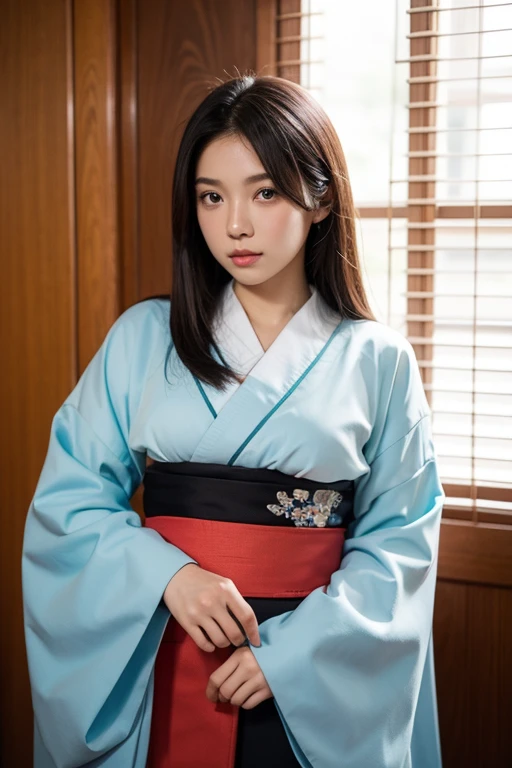 unparalleled masterpiece ever, Ultra realistic 8K CG, Perfect Artwork, 1girl in, Beautuful Women、Beautiful posture、well-groomed hair、portlate、Polite woman、Daughter of a samurai of the Edo period、bushido、Raised in strict discipline、(Rich:1.5), care、Hand Hand Pose、Maximum 4 fingers and 1 thumb relationship, bow a little、kindly smile、Happiness、Blissful、rikka、fulfill、Realistic texture、Princess, Elegant、hali々and has、Looking at Viewer, ((Perfect female figure)), Black hair, Black eyes, enticing, clean, Beautiful face, Pure face, pale skin, length hair, Skindentation,Clean hair ornament、Hairpin、Wearing tabi boots、(Highly detailed 8K Japan kimono and silk long garments and dresses:1.5), (Expensive kimono、Bright red kimono、Delicate pattern, intricate detailes), The background is a samurai residence in the Edo period、blur backgroun、
