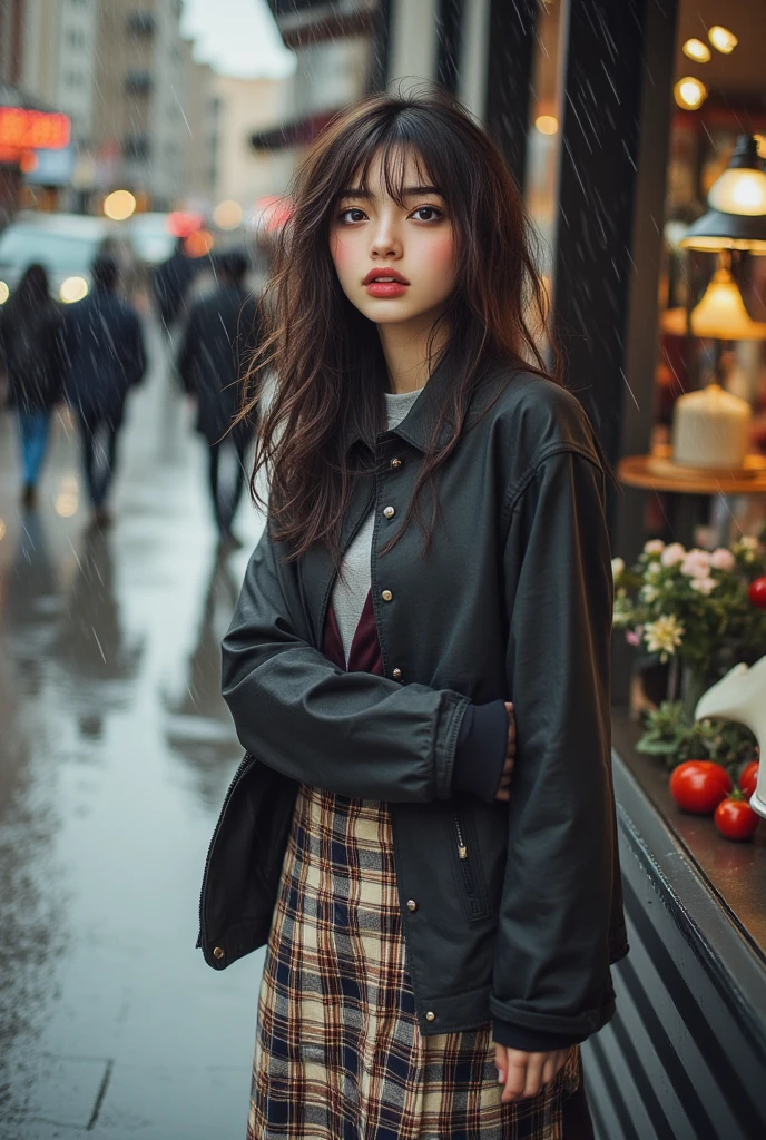 ((best quality、capolavoro、High sensitivity、high resolution、Detailed description、depicting a delicate face、Ｆvalue：6.0),((Slender woman 、who wears glasses)),pleated plaid skirt、piedi nudi、Hold pumps、In the rain、