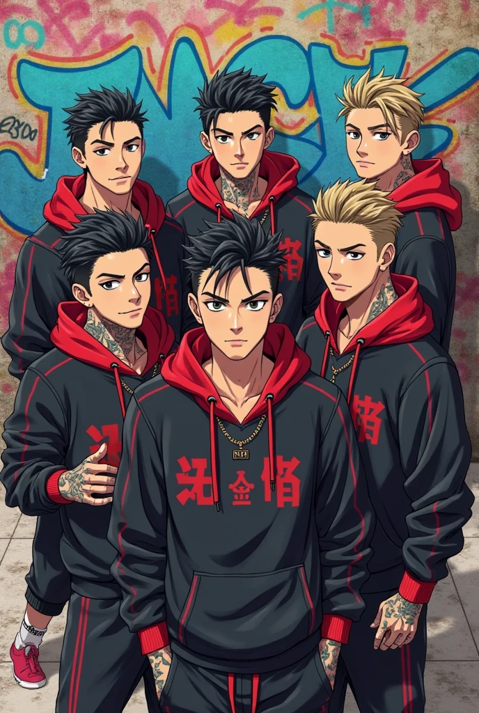 I want an anime
With a group of handsome boys
Stylish hair, tattoo, sunglasses, hood
Wild smile black and red sports uniform
In front of graffiti walls 