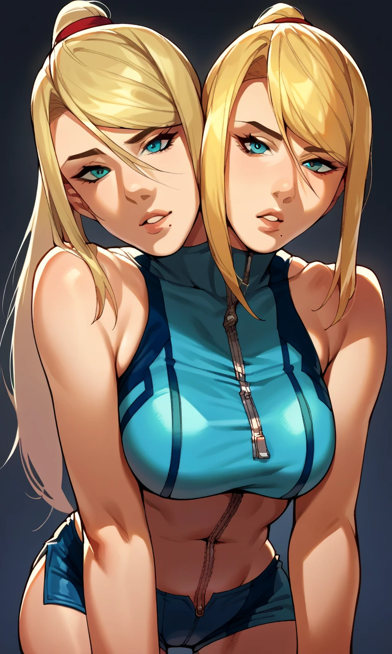 Girl with blonde hair big breasts curvy hip one green eye one blue eye hot crop top skirt flirty