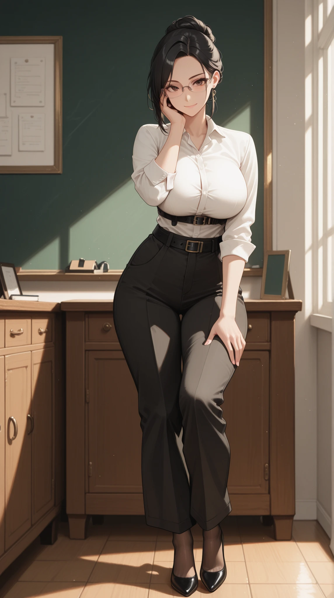 A happy/excited and detailed photo of a Beautiful ginger architect SSBBW, with long wavy ginger hair, with big soft fat belly, thicc fat arms, thicc wide legs, big , in long black pants, long black shirt tucked in her pants, black belt, in her new modern architect office with a lot of building models and house blueprints, building blueprints on walls, huge window