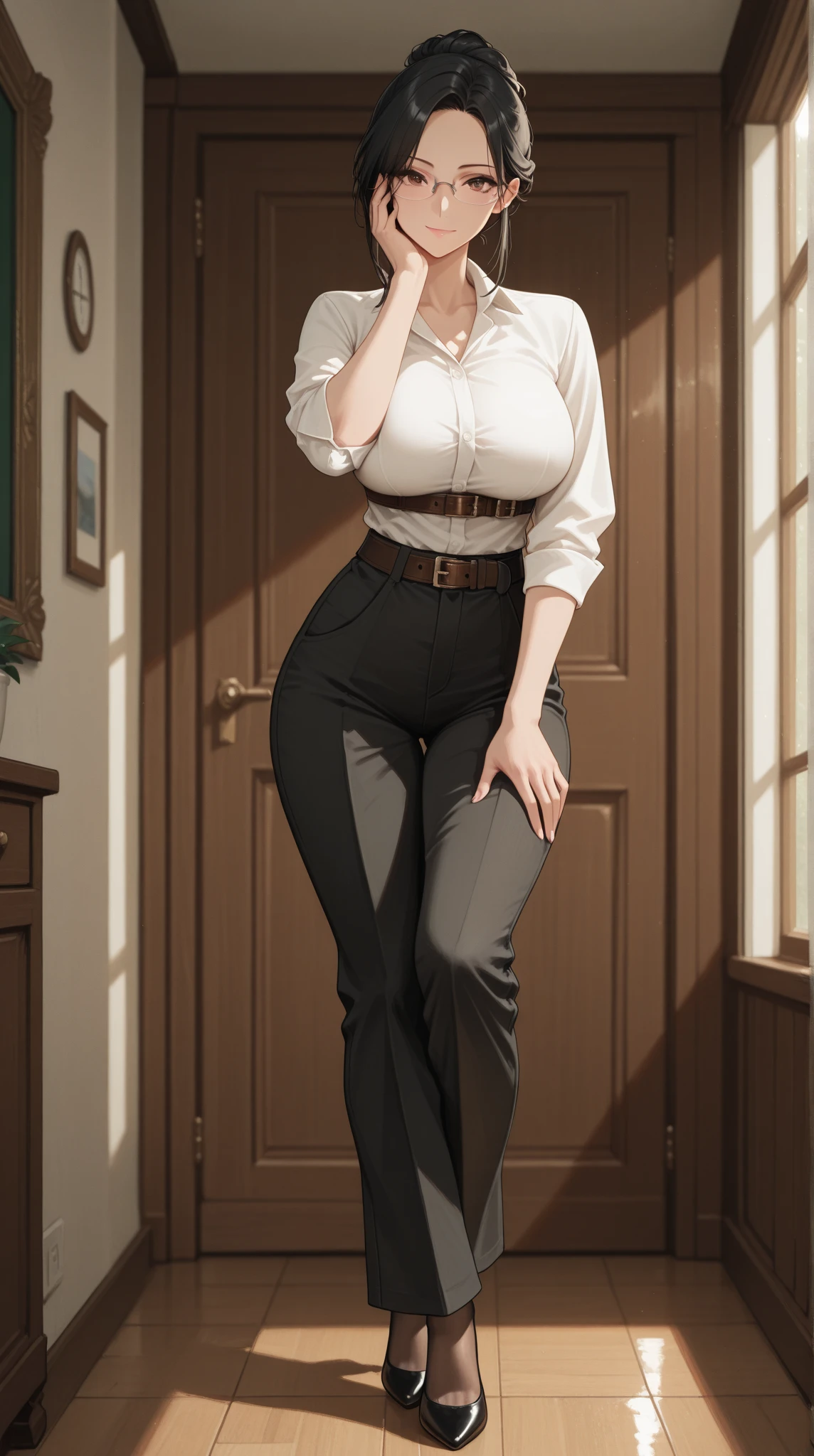 Cinematic frame woman, mujer solitaria, con ((ojos verde claro)), ((retrato de cuerpo entero)), (((((wearing a abotonar shirt for women, blusa de trabajo de manga larga con cuello peplum, blusa elegante, pantalones anchos de cintura alta para mujer, abotonar, Casual, estirar, Elegantes zapatos negros, Strong muscles are marked in all clothes.))), ((posingin front of the bar of a canteen con a 1940s setting, people in the background dressed in clothes from the 40s))), ((day)) (((correct vision))), [Detalle de la parte superior del cuerpo y las extremidades.], [proporciones realistas], [explict content], [sharp focus], (contenido cuestionable), ((obra maestra)),femenino, solo, grande breasts, alto ((estructura muscular, mujer musculosa, cuerpo musculoso y robusto, cuerpo fuerte,brazos musculosos,Piernas fuertes, hombros fuertes, marked muscles, grande muscles, alto woman)), ((paquete de seis marcado)), (((hermoso cabello dorado)),((femenino))), ((Cara de mujer perfecta, Rostro de mujer hermosa, labios perfectos, perect eyes, nariz perfecta, cara hermosa y detallada, Hermosos y detallados ojos verdes, Sonrisa perfecta, pies perfectos)), ((body builder cuerpo fuerte femenino)), (((cuerpo enorme, extremidades enormes, huge muscles))),((grande muscles)) ((very cuerpo fuertebuilder body)) (((grande, strong and robust body of a bodybuilder physique))) (((sixpack marcado y fuerte))) ((grande brazos musculosos, espalda musculosa)), ((grande bodybuilder body)),. ((piel blanca), ((cuerpo completo), ((mujer europea)), ((mujer blanca)