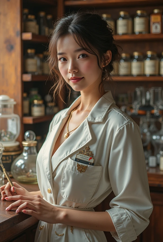 full shot body photo of the most beautiful artwork in the world featuring ww2 nurse holding a liquor bottle sitting on a desk nearby, smiling, freckles, white outfit, nostalgia, sexy, stethoscope, heart professional majestic oil painting by Ed Blinkey, Atey Ghailan, Studio Ghibli, by Jeremy Mann, Greg Manchess, Antonio Moro, trending on ArtStation, trending on CGSociety, Intricate, High Detail, Sharp focus, dramatic, photorealistic painting art by midjourney and greg rutkowski