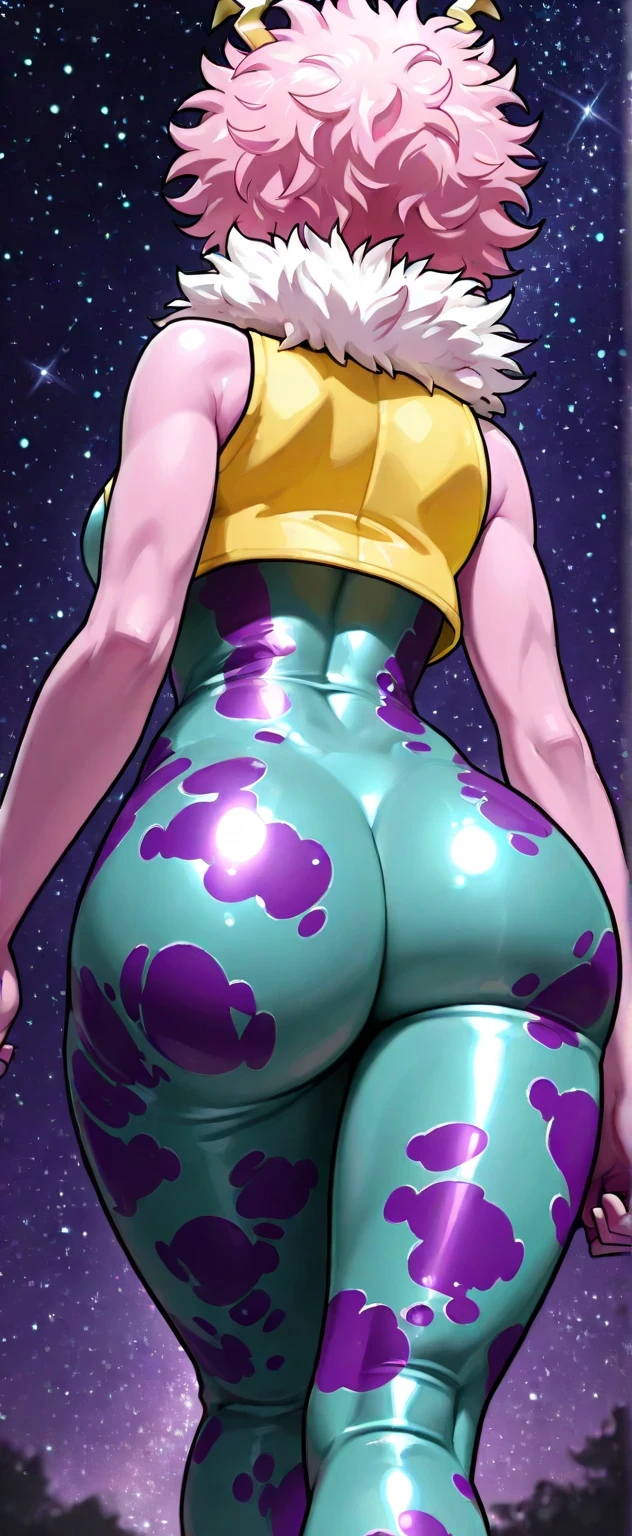 ((mina ashido)), ((masterpiece)), ((high resolution)), ((solo portrait)), ((back view)), ((low angle)), {(attractive figure), (toned body), (large ass), (medium breasts), (athletic legs), (pink skin), (yellow horns), (short hair)}, {(hero costume), (shoulderless blue bodysuit with purple pattern), (yellow sleeveless vest with fluffy collar)}, {(walking)}, ((starry sky)),