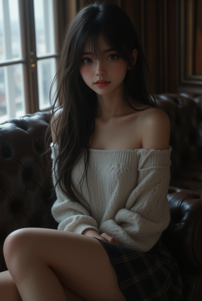 Best quality, masterpiece, ultra high res, (photorealistic:1.4), raw photo, 1girl, waist up, wearing off shoulder sweater, in coffeeshop, at the window, winter, falling snow outside, deep shadow, dark theme